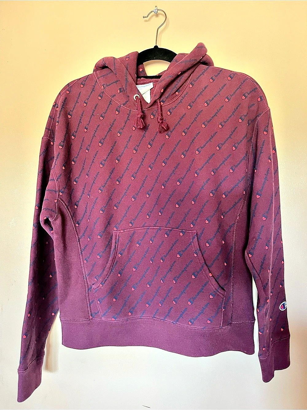 Champion All-Over Print Script Logo Hoodie Medium